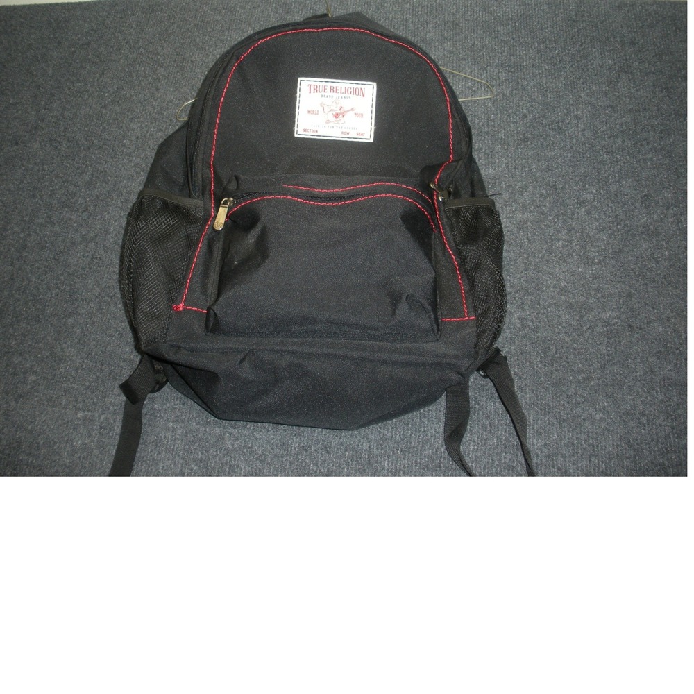 True Religion World Tour Backpack Black Canvas Red Contrast Stitch Logo Patch